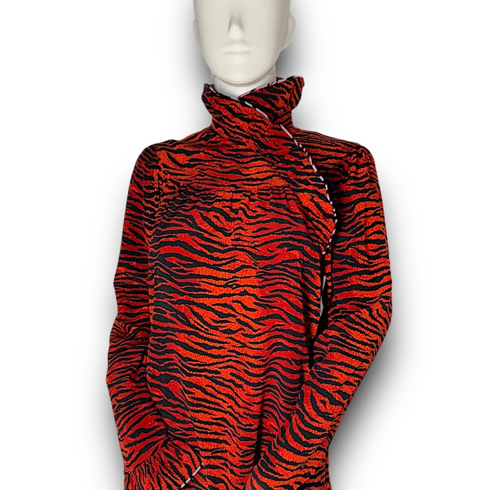 Kenzo x H&M Red Silk Tiger Print Ruffle Long Sleeve Button Blouse - 2